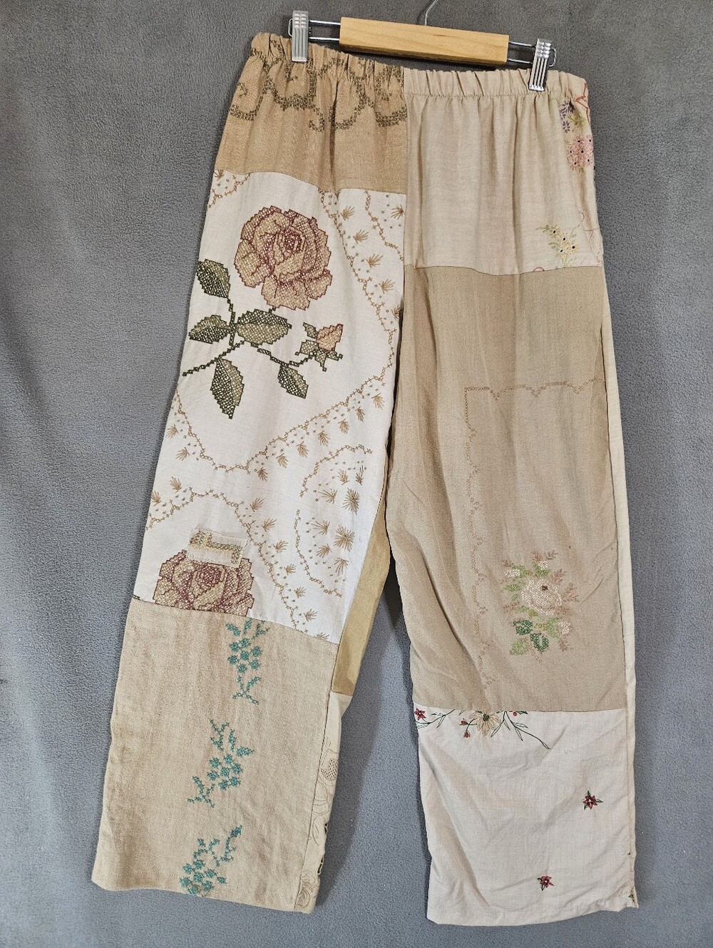Womens Large Barrel Leg Pants Cottagecore Patchwork Floral Lagenlook Crochet